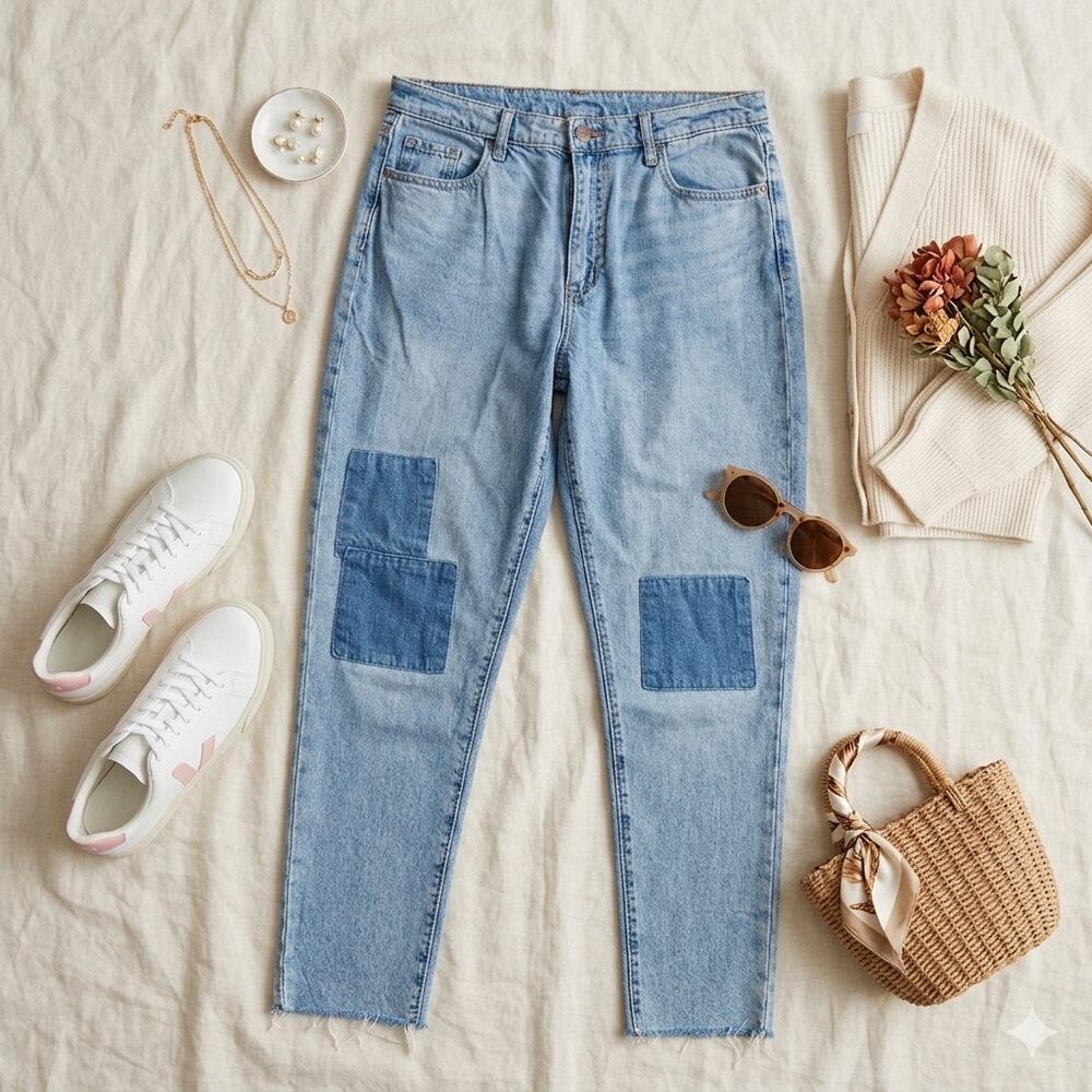 Universal Thread Boyfriend Patchwork Jeans‎ Light Medium Wash Raw Hem Size 8/29R